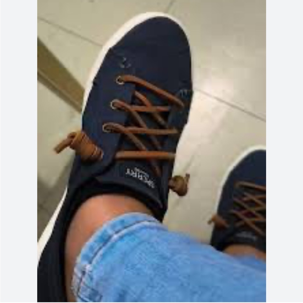 Sperry Dark Blue Canvas Shoes Brown Laces boat seacoast seacycled 8.5 slip on